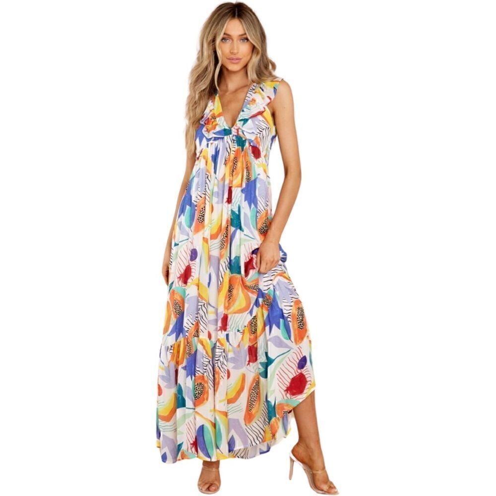 OLIPHANT Ruffle V-Neck Maxi in Papaya Yellow, Silk Blend. Vibrant! Size XS. NWT!